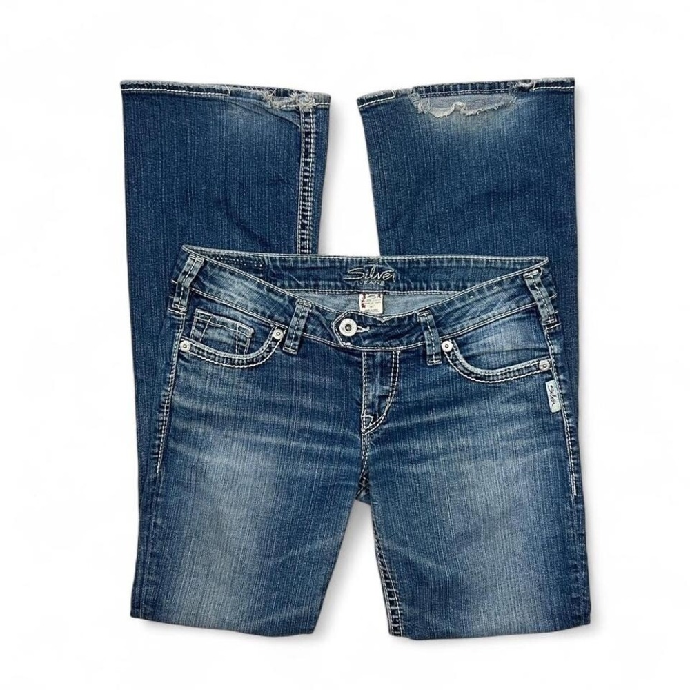 Silver Y2K Low Rise Distressed Flare‎ Jeans Dark Wash Denim Studded Grunge